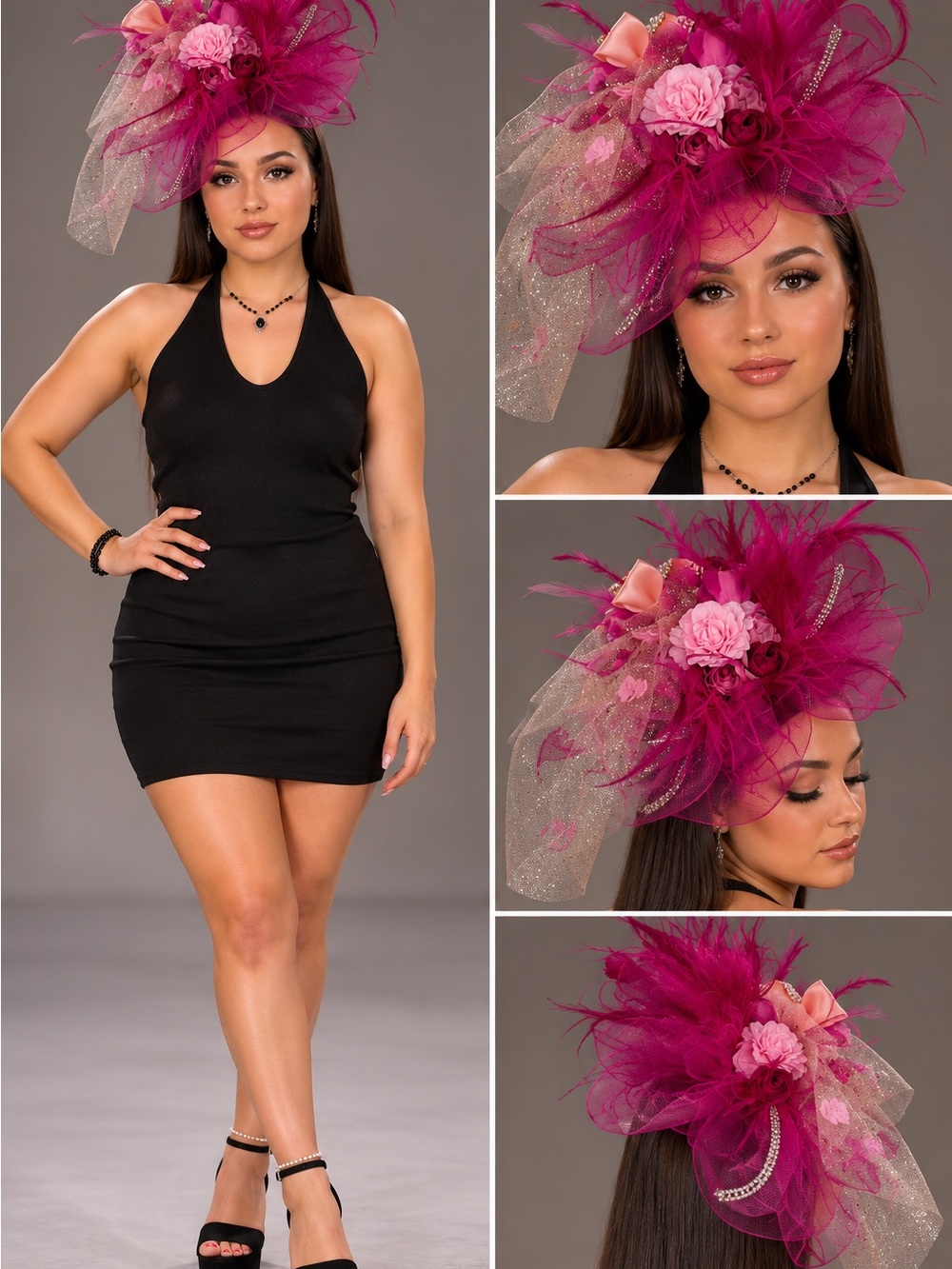 Fascinator Headpiece in Fuchsia Pink - Elegant Floral Cocktail Hat